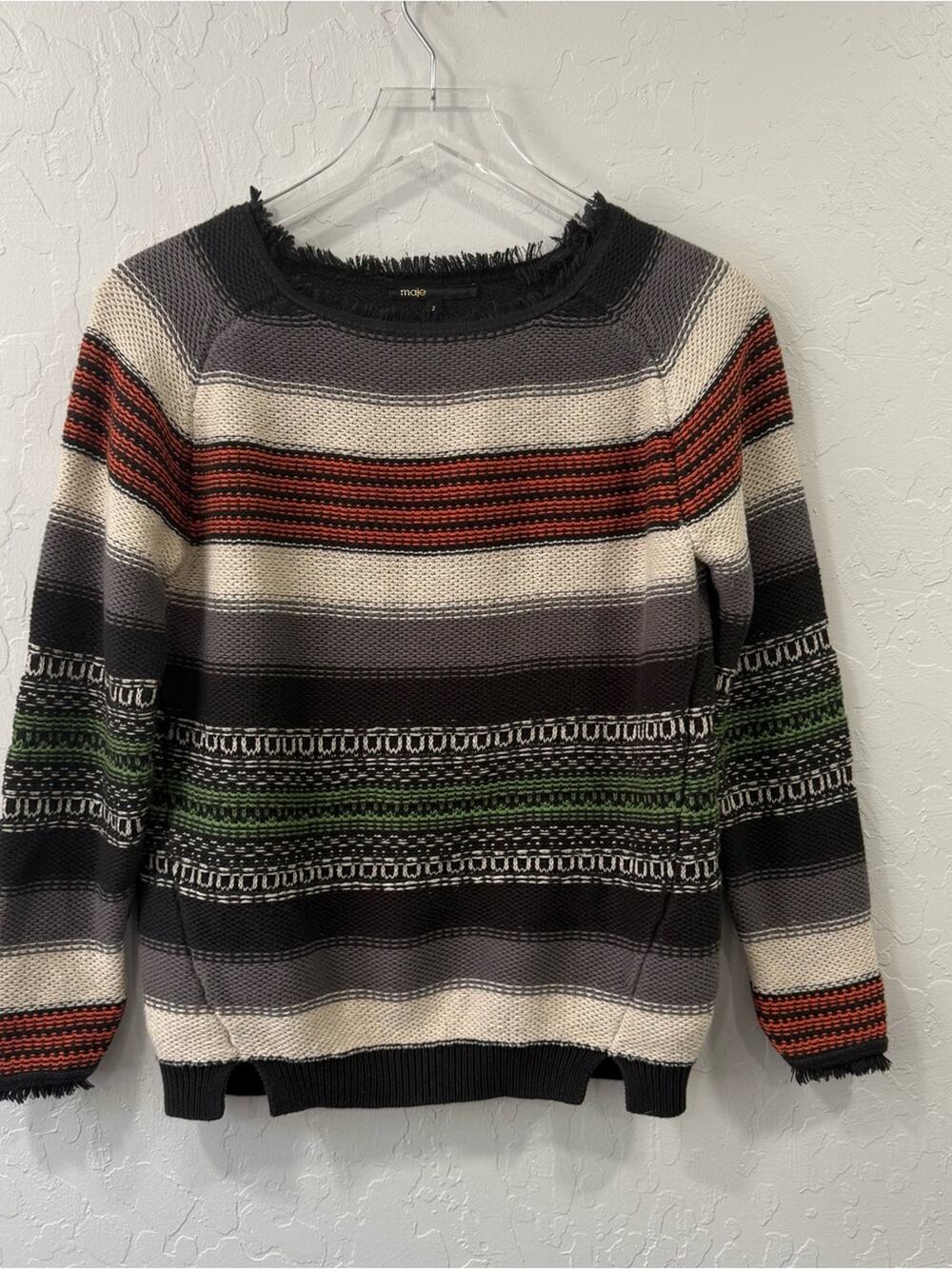 Maje Knit Pattern Fringe Neckline and Cuff Size 2 (M)